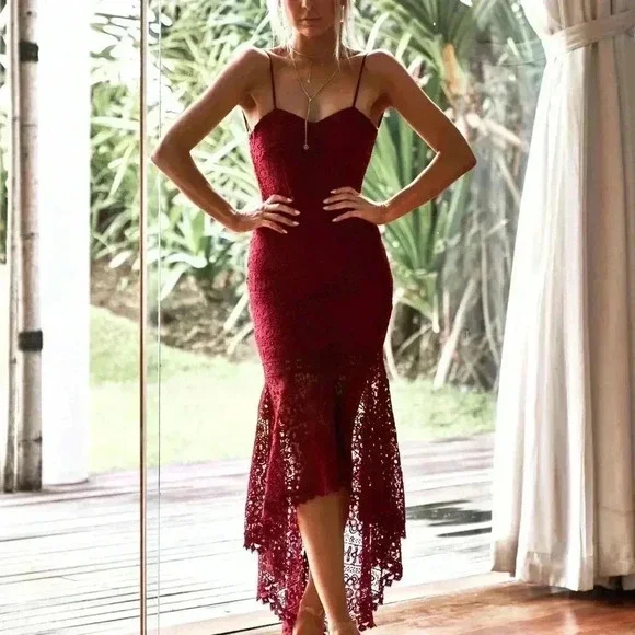 chinese dress ladies Crease Ease Wine Square Neck Short Puff Sleeve Lace Bodycon Midi Dress main image 1